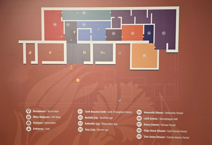 İznik Müzesi iç mekan yönlendirme haritası; Neolitik, Kalkolitik, Tunç Çağı, Hellenistik, Roma, Doğu Roma ve Türk-İslam dönemlerine ayrılmış sergi salonlarını gösteren kat planı.